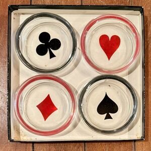 Vintage SETof4 Cards Heart Diamond Club Spade Glass Coasters Poker MCM Nut Dish